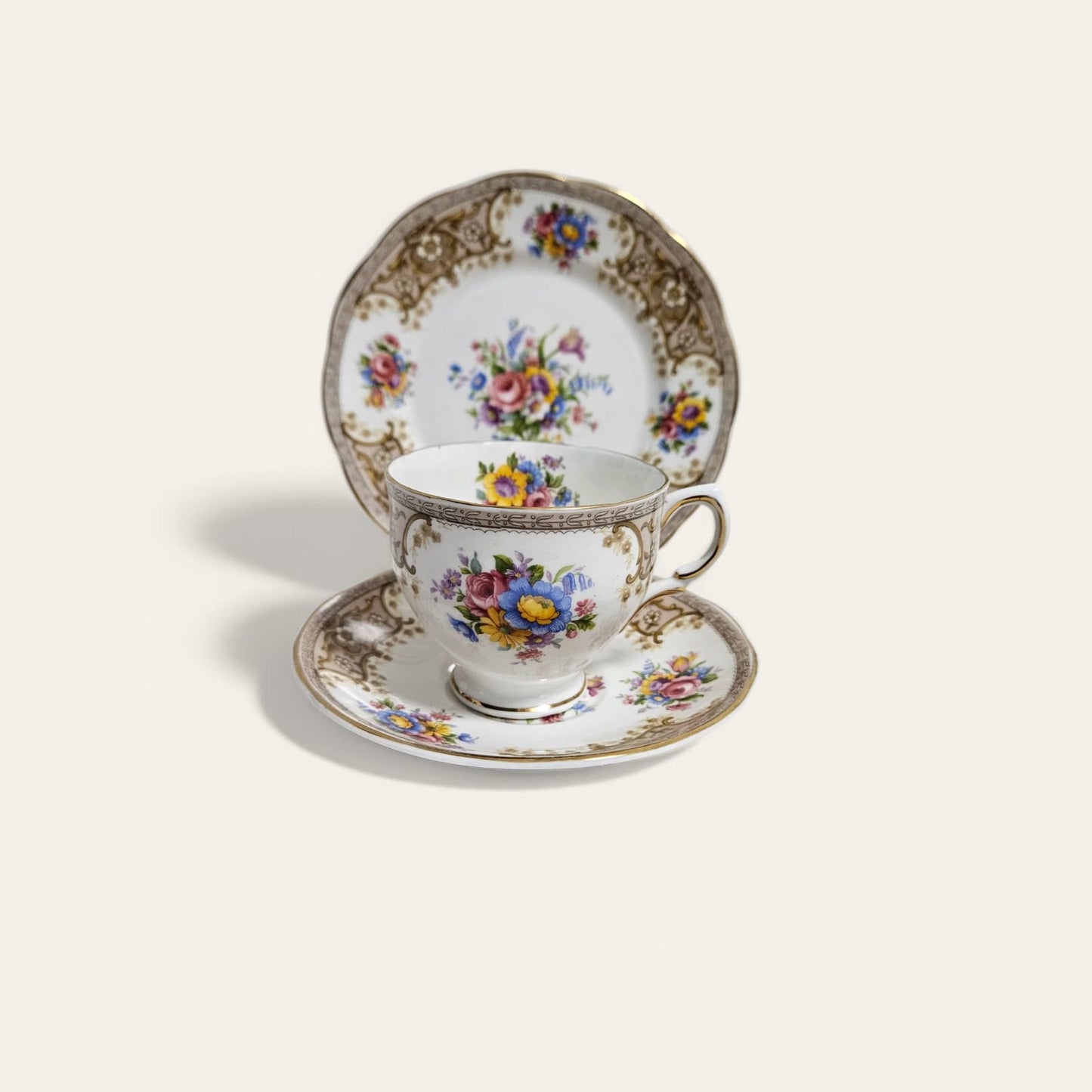 Vintage Salisbury Tea Set trio - White Gold Floral Brown Transferware 1930