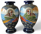 Antique Satsuma Moriage Large twin Baluster Vases of Rakan & Kannon circa 1920