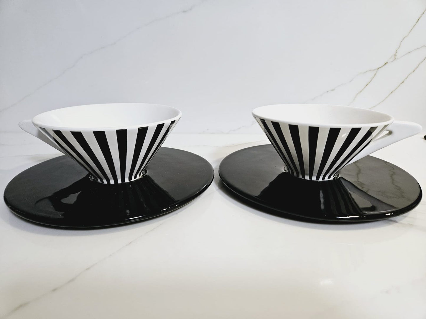 2 Saywell Coffee Cups and saucers Black & White Stripes - Rare find