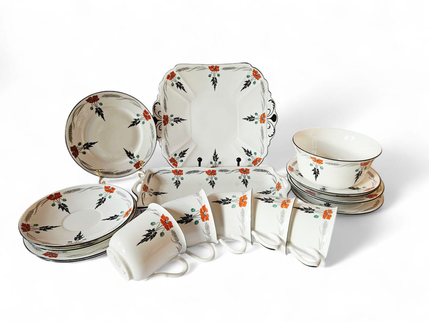 Shelley Tea set for 5 Pattern 11326 "Poppy" Coral Poppy w/Black c.1924