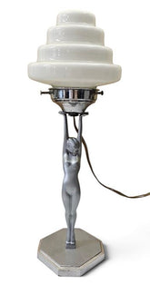 Original Art Deco "DIANE" Lamp, brushed silver w/ white stepped shade c1930s
