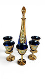 Murano Cobalt Blue Glass Decanter 24K Gold Leaf Hand Painted 5 Wine Glasses