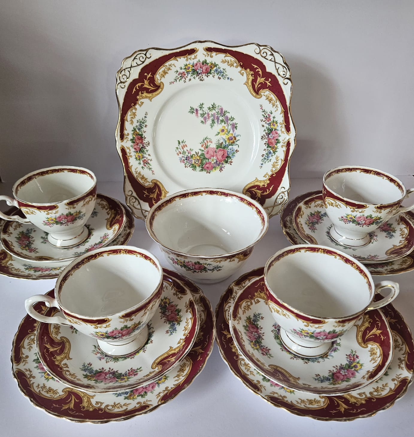 Vintage Tuscan Fine Bone China 'NAPLES' Maroon Tea set for 4, circa 1947