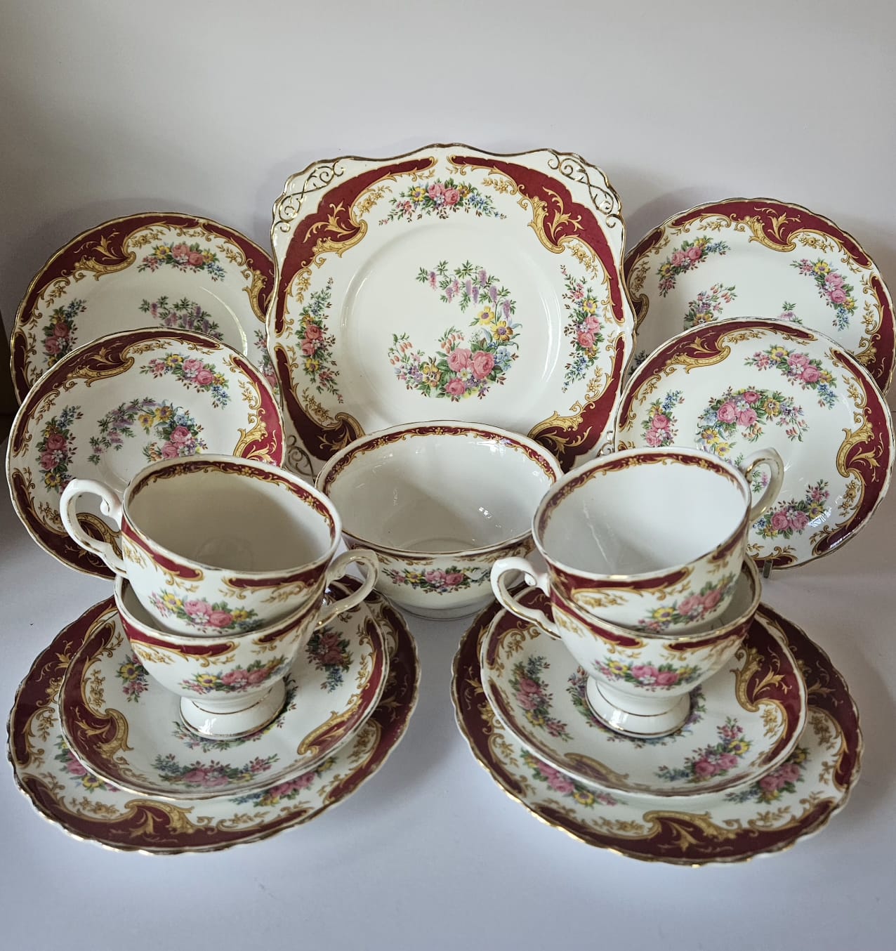 Vintage Tuscan Fine Bone China 'NAPLES' Maroon Tea set for 4, circa 1947