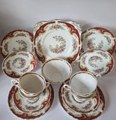 Service à thé vintage en porcelaine fine toscane « NAPLES » bordeaux pour 4 personnes, vers 1947