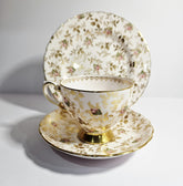 Trio vintage Royal Tuscan SUNSHINE en chintz or et rose, vers 1950