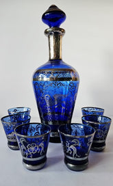 Venetian Silver Overlay Cobalt blue Scenes & Lion of Venice Decanter Set