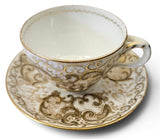 Antique "Vieux Paris" porcelain teacup and saucer w/ raised gold-gilt rococo scroll Circa 1850s