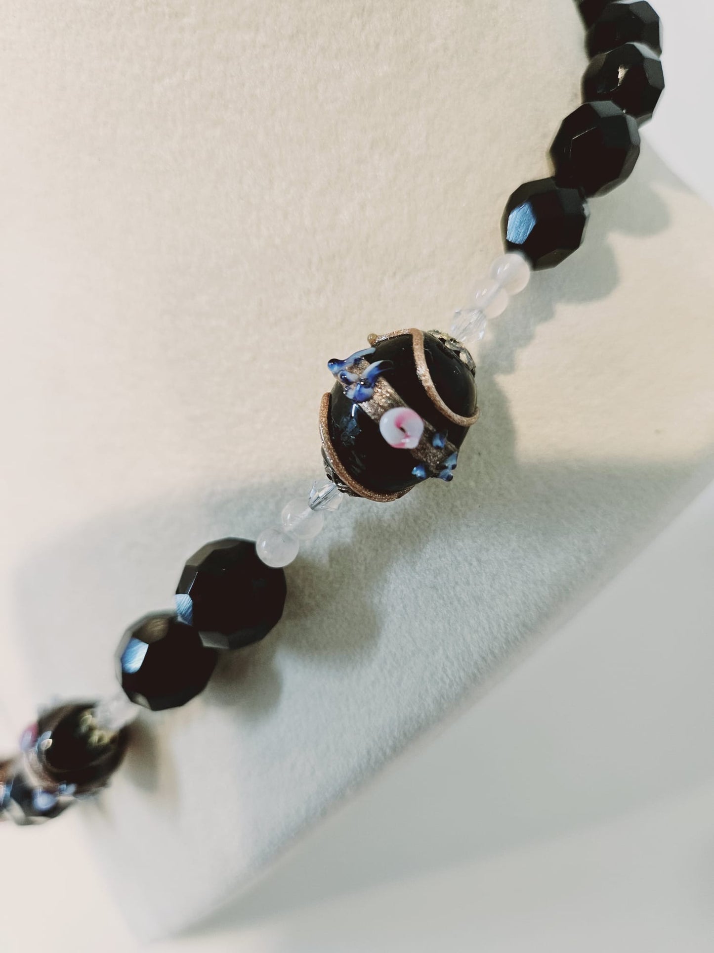 Vintage Venetian Glass, Onyx and aventurine bead necklace 1940s