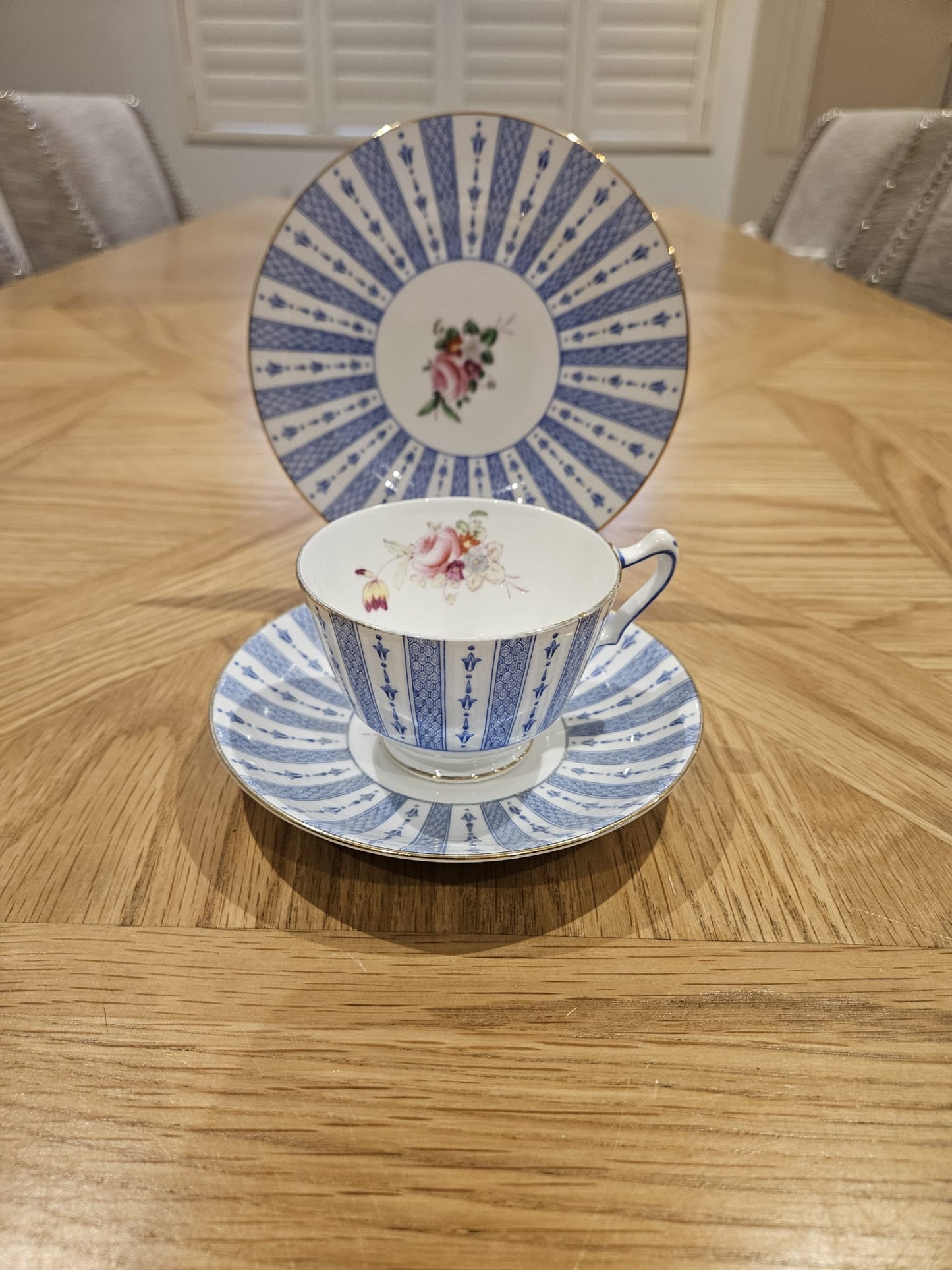 Vintage Crown Staffordshire China Blue pattern & Roses trio F15539