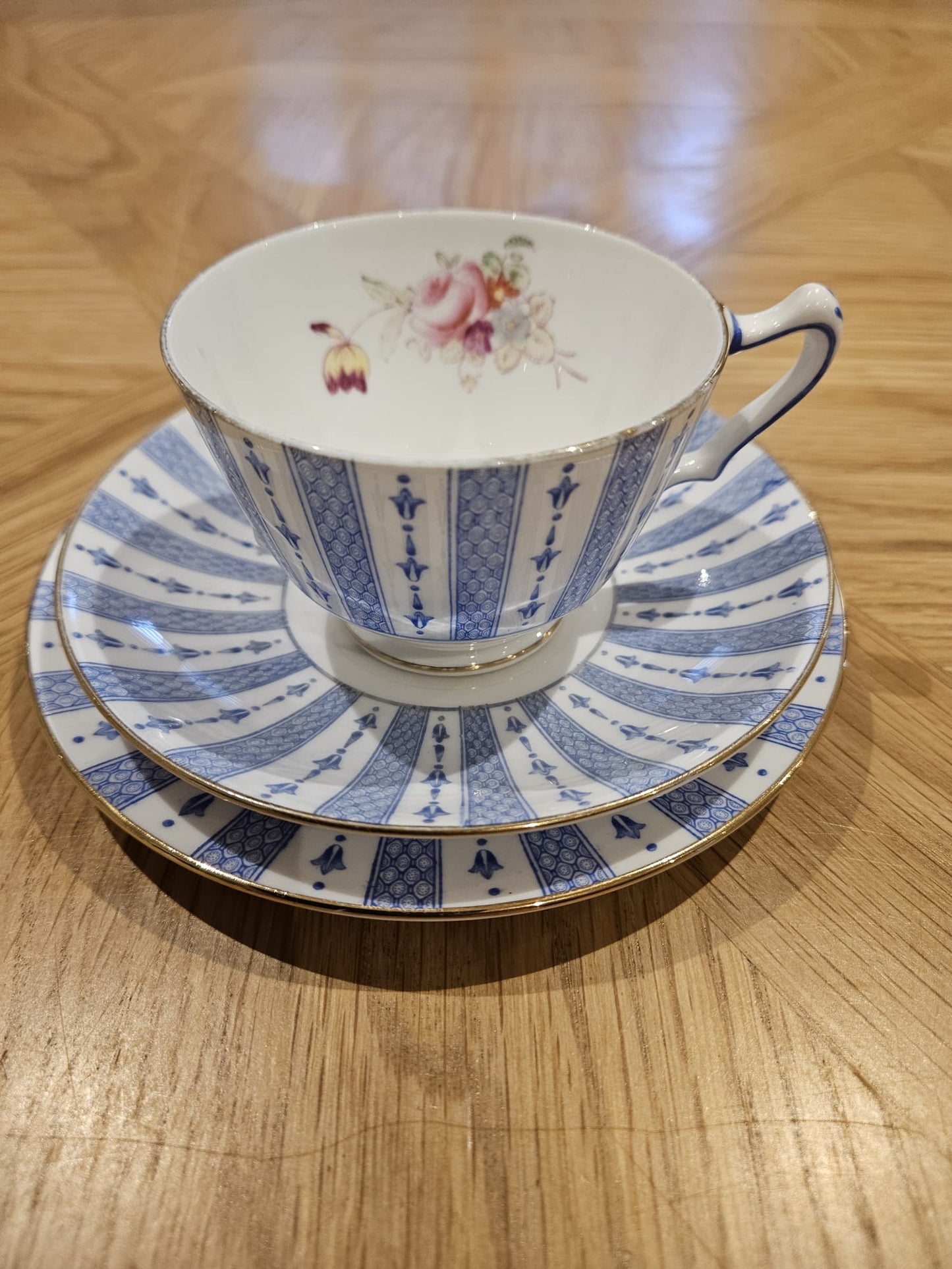 Vintage Crown Staffordshire China Blue pattern & Roses trio F15539