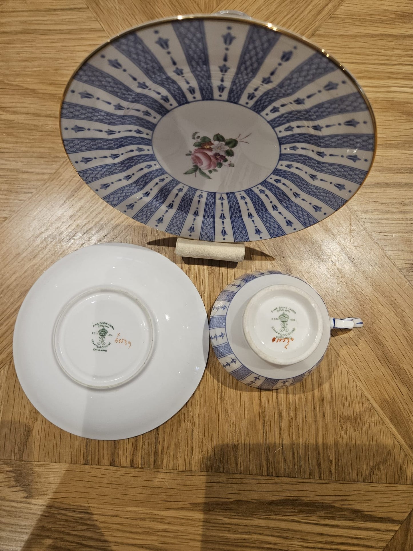 Vintage Crown Staffordshire China Blue pattern & Roses trio F15539