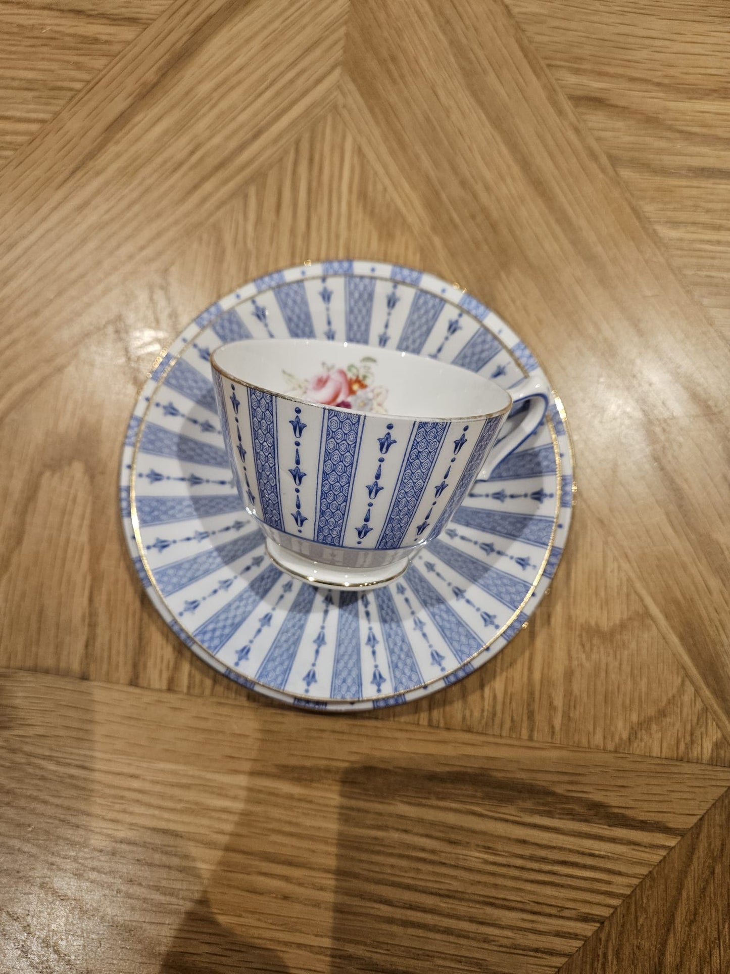 Vintage Crown Staffordshire China Blue pattern & Roses trio F15539
