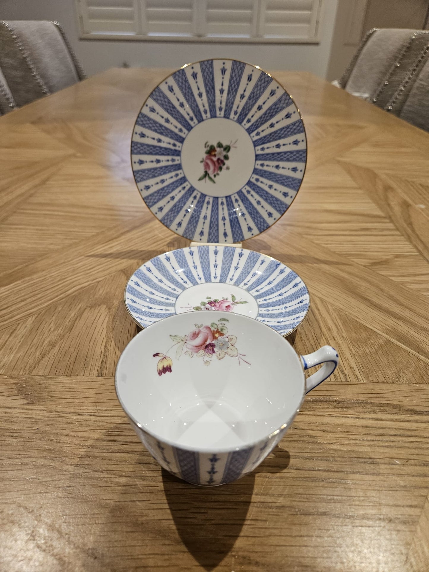 Vintage Crown Staffordshire China Blue pattern & Roses trio F15539