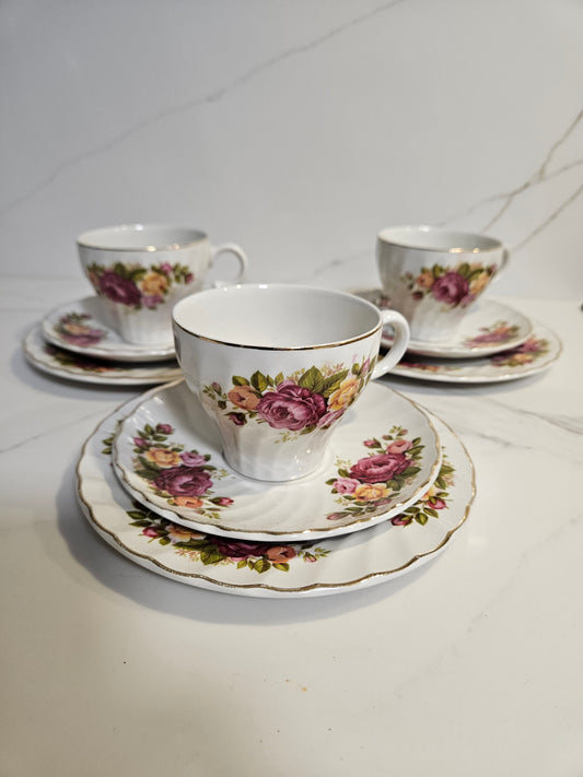 3 x Cottage Roses tea cups trio by Wood & Sons circa 1950s