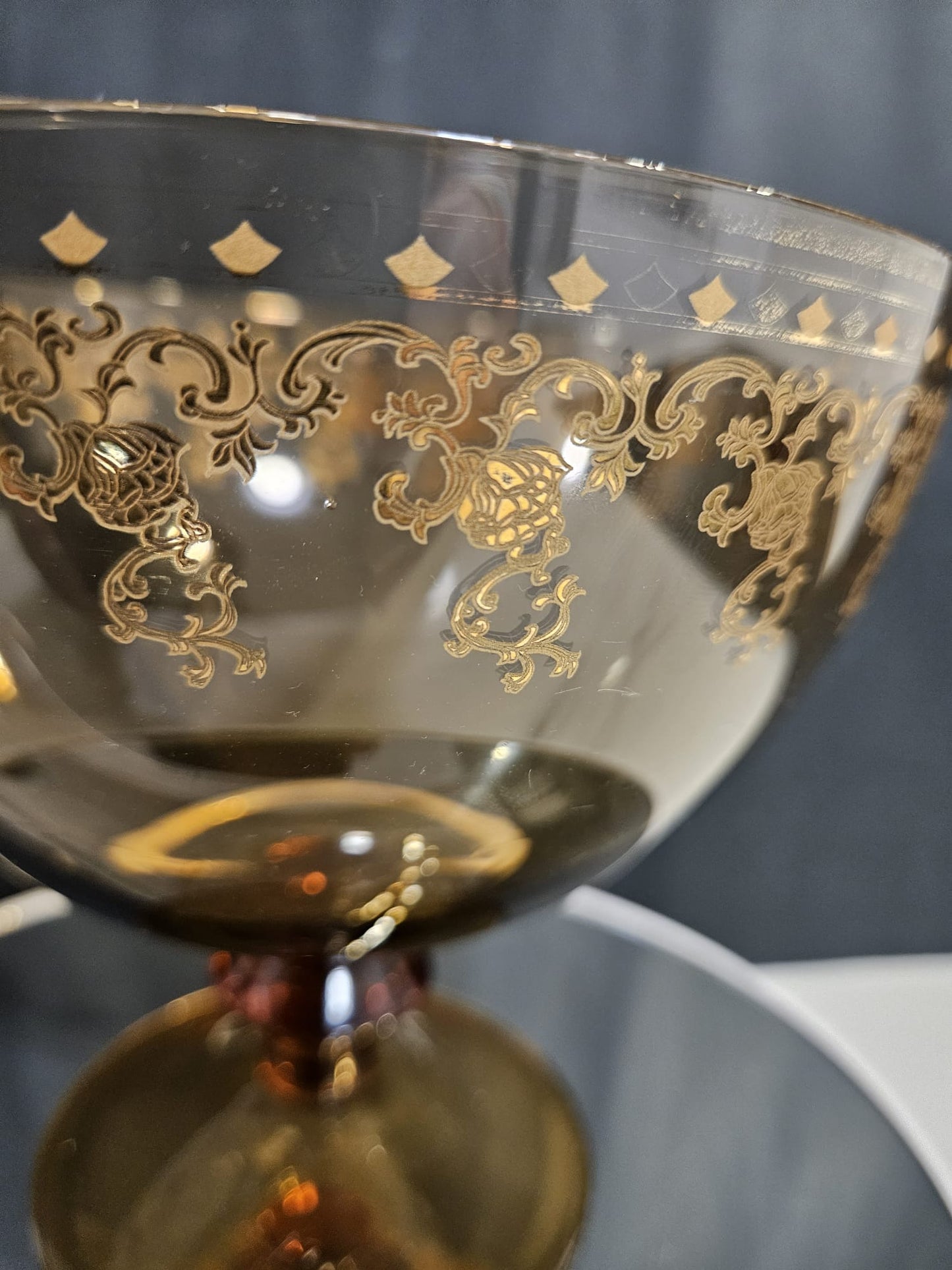 Vintage Amber & Gold etched Bohemian Crystal Pedestal Compote 1950s