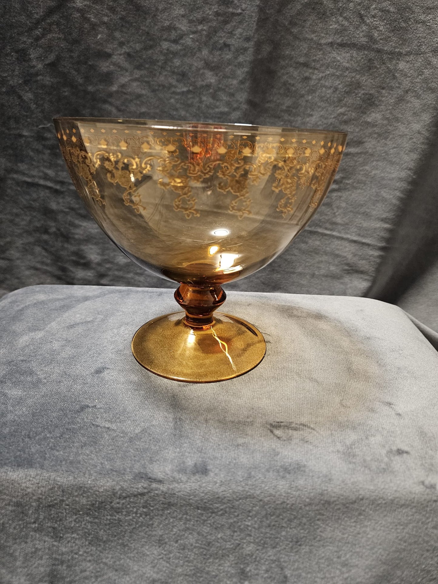 Vintage Amber & Gold etched Bohemian Crystal Pedestal Compote 1950s