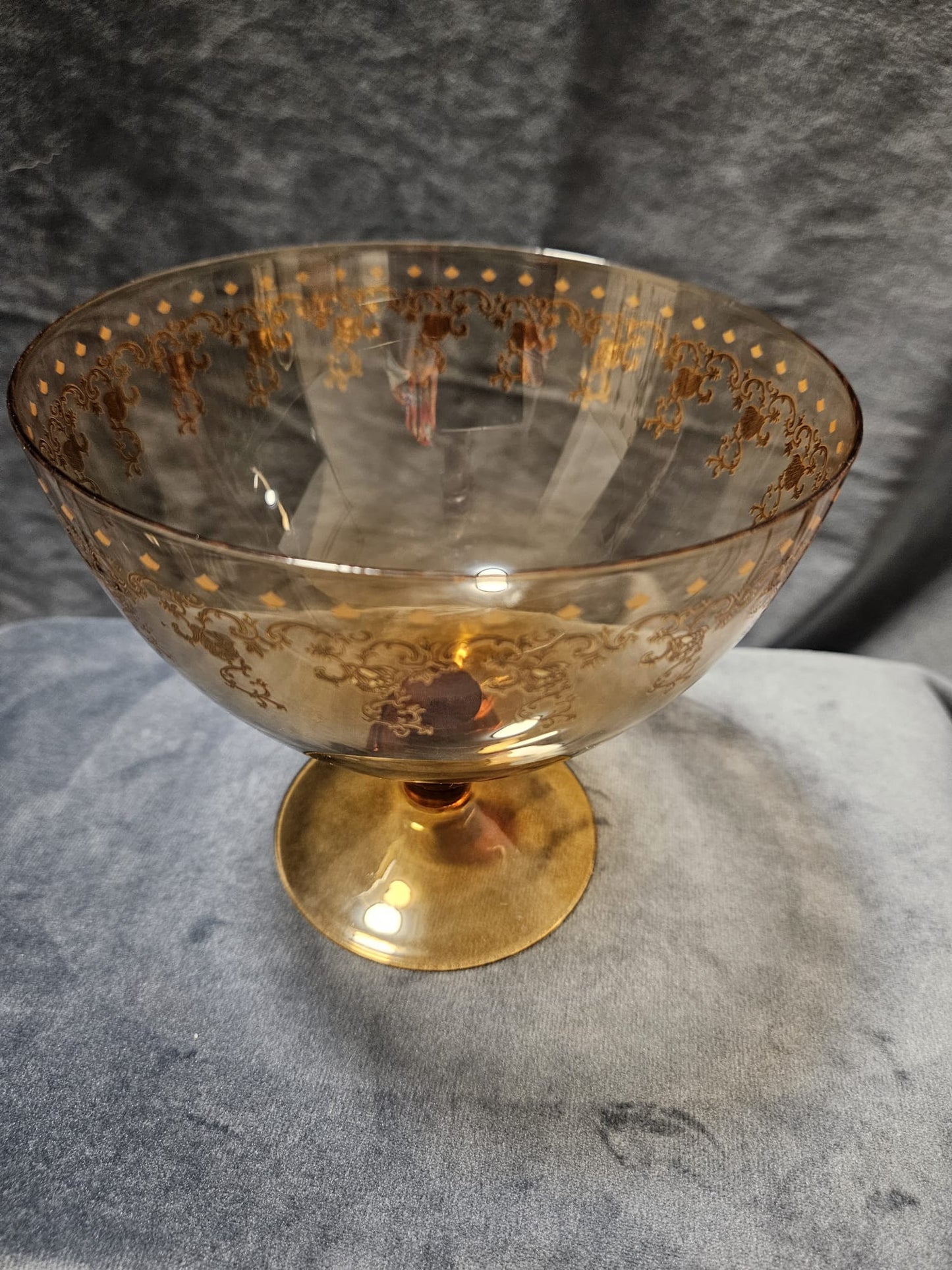 Vintage Amber & Gold etched Bohemian Crystal Pedestal Compote 1950s