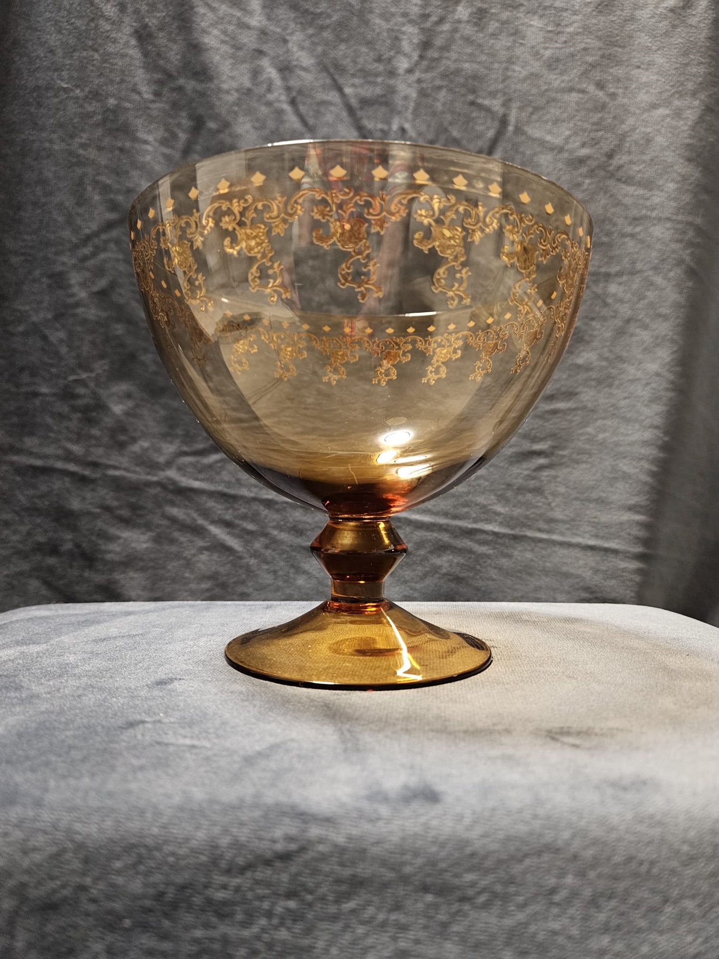 Vintage Amber & Gold etched Bohemian Crystal Pedestal Compote 1950s