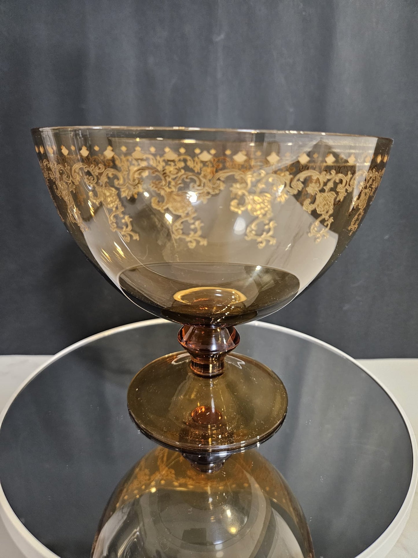 Vintage Amber & Gold etched Bohemian Crystal Pedestal Compote 1950s