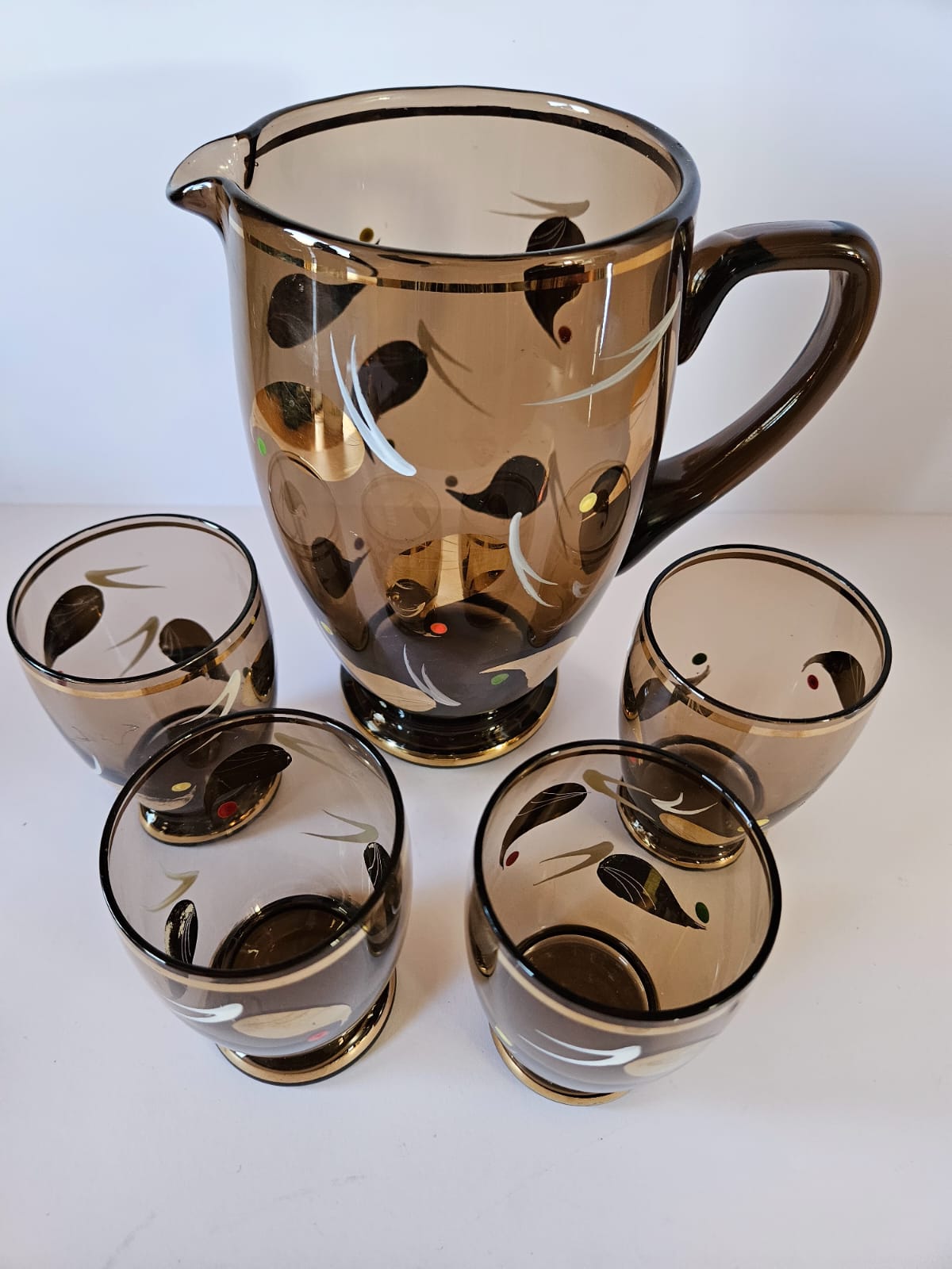 Vintage 5 Pc Amber Glass Lemonade Set with 4 Glasses
