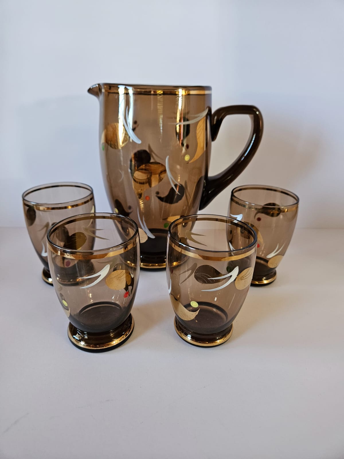 Vintage 5 Pc Amber Glass Lemonade Set with 4 Glasses