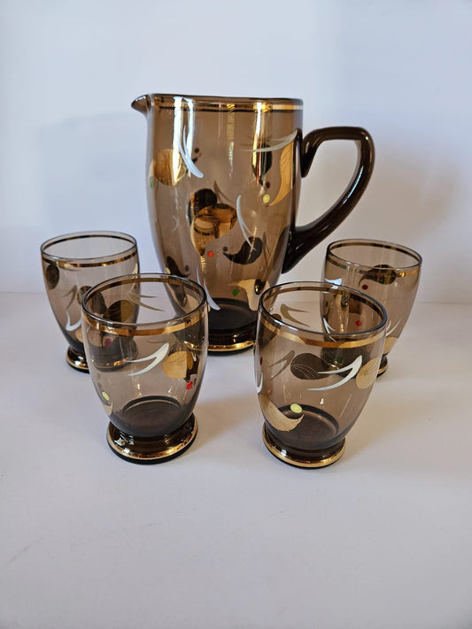 Vintage 5 Pc Amber Glass Lemonade Set with 4 Glasses