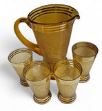Retro Amber Sugar Frosted Pitcher and 4 Glasses c.1950