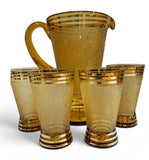 Retro Amber Sugar Frosted Pitcher and 4 Glasses c.1950