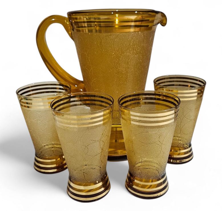 Retro Amber Sugar Frosted Pitcher and 4 Glasses c.1950