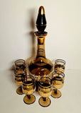 Vintage Amber Decanter Set with 6 Glasses Bohemia Crystal Czechoslovakia