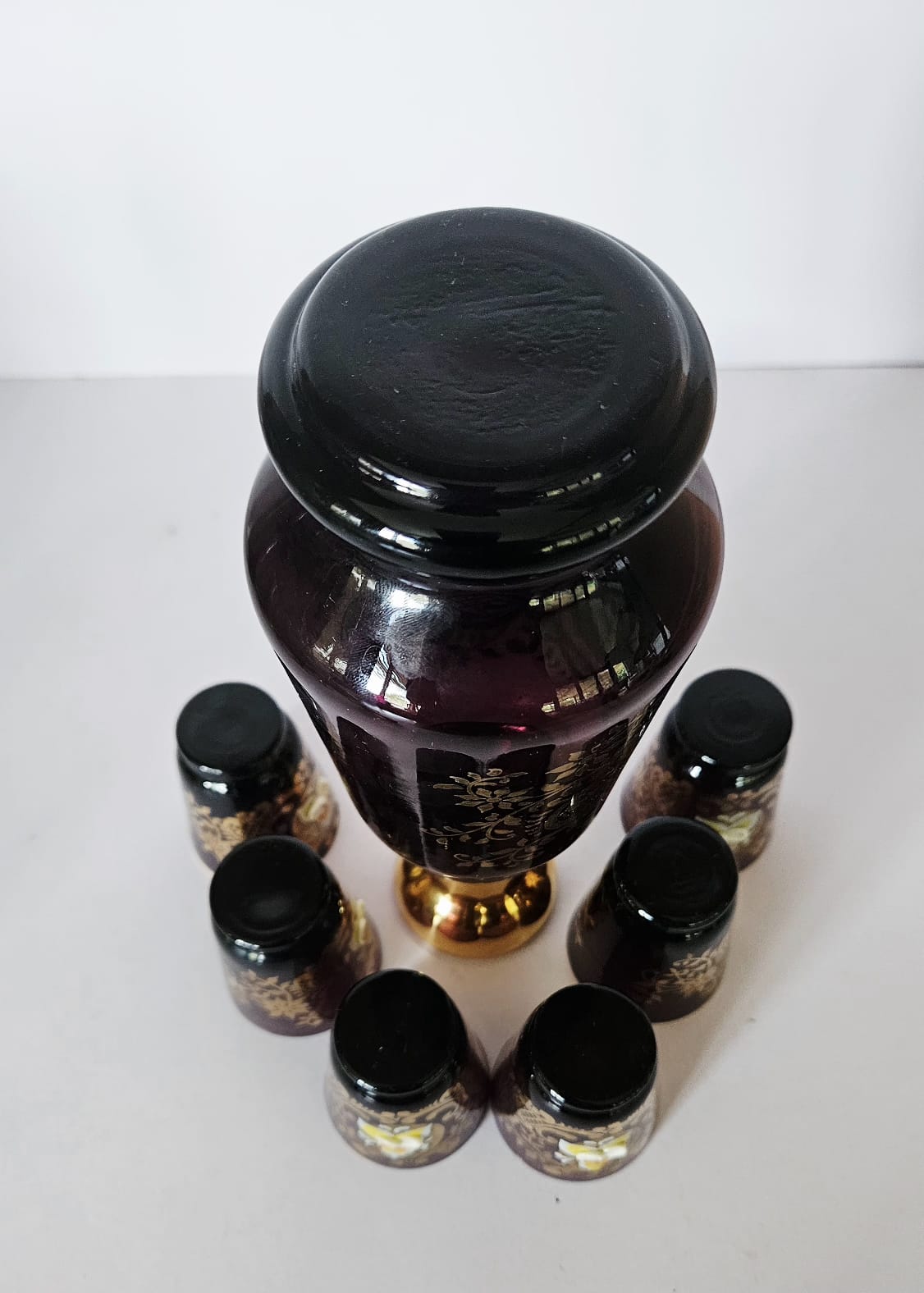 Vintage Venetian Amethyst Glass Liquor Decanter & Glasses, Enamel Flowers c1970s