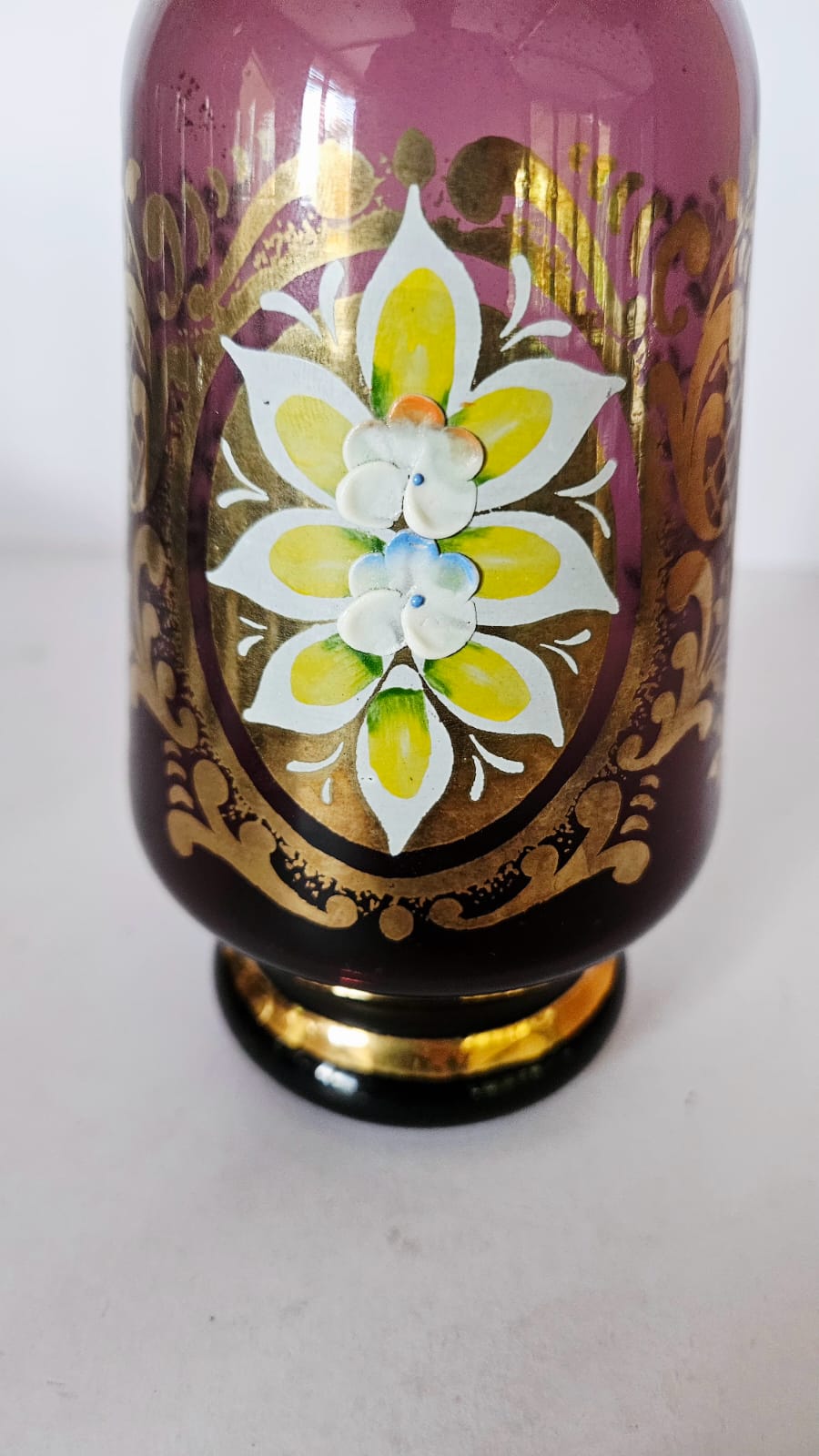 Vintage Venetian Amethyst Glass Liquor Decanter & Glasses, Enamel Flowers c1970s