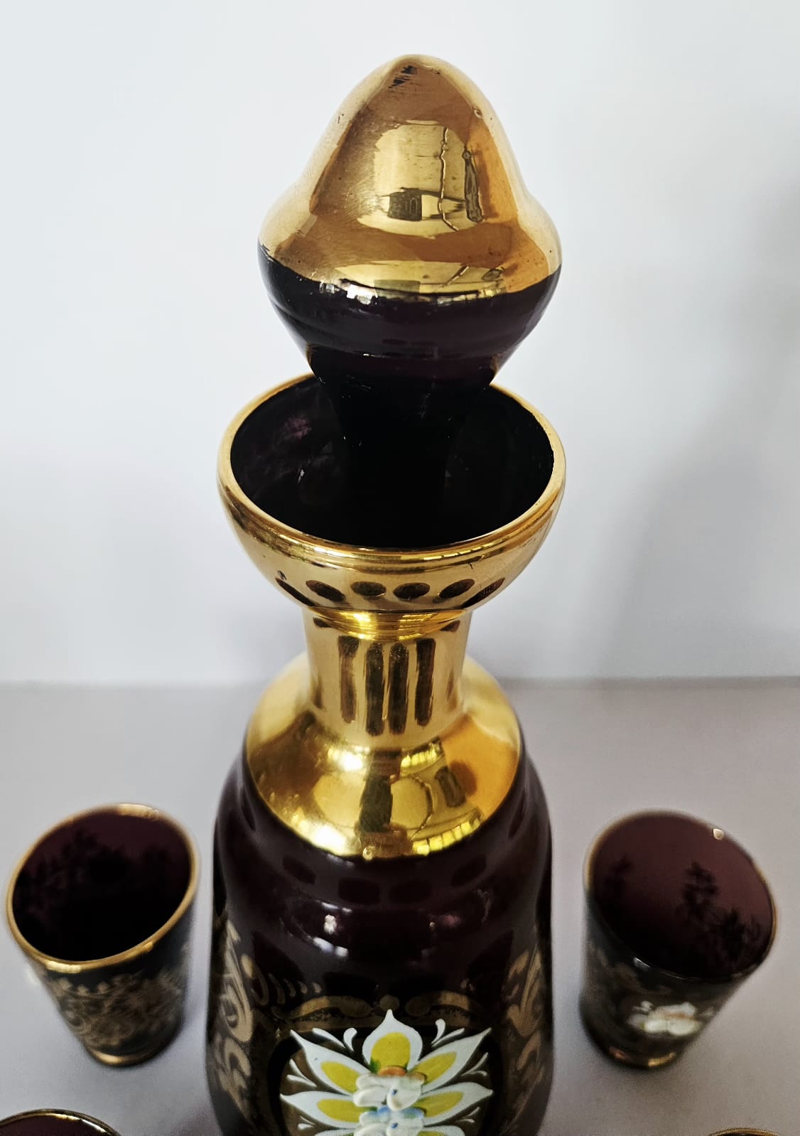 Vintage Venetian Amethyst Glass Liquor Decanter & Glasses, Enamel Flowers c1970s