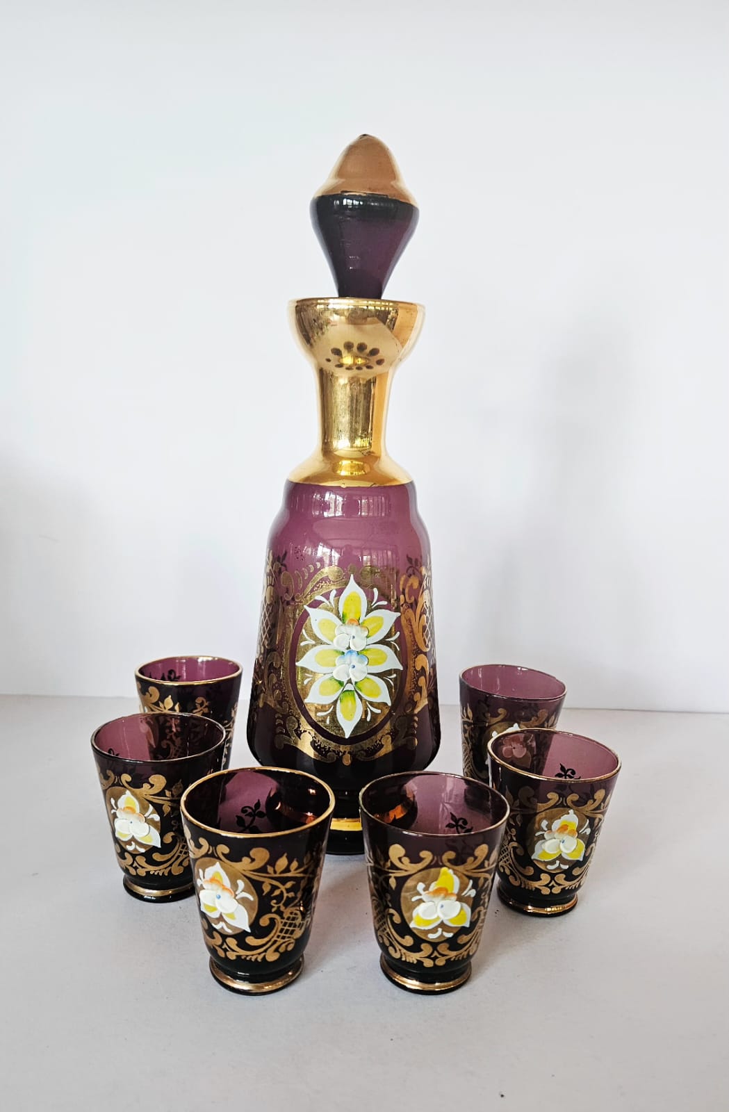 Vintage Venetian Amethyst Glass Liquor Decanter & Glasses, Enamel Flowers c1970s