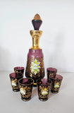 Vintage Venetian Amethyst Glass Liquor Decanter & Glasses, Enamel Flowers c1970s