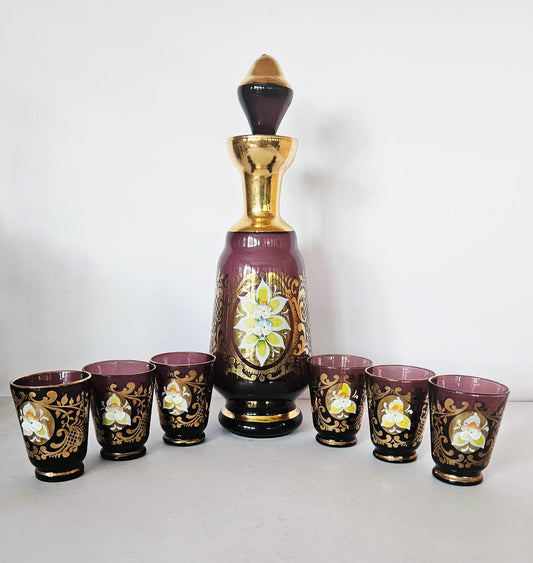 Vintage Venetian Amethyst Glass Liquor Decanter & Glasses, Enamel Flowers c1970s