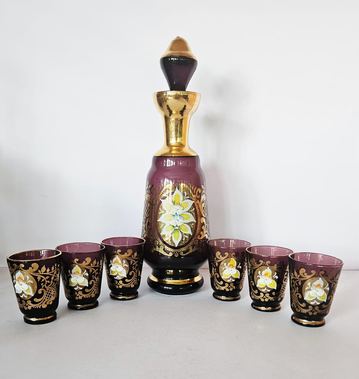 Vintage Venetian Amethyst Glass Liquor Decanter & Glasses, Enamel Flowers c1970s