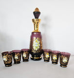 Vintage Venetian Amethyst Glass Liquor Decanter & Glasses, Enamel Flowers c1970s