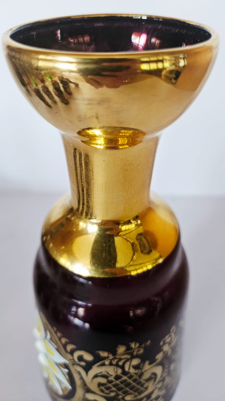 Vintage Venetian Amethyst Glass Liquor Decanter & Glasses, Enamel Flowers c1970s