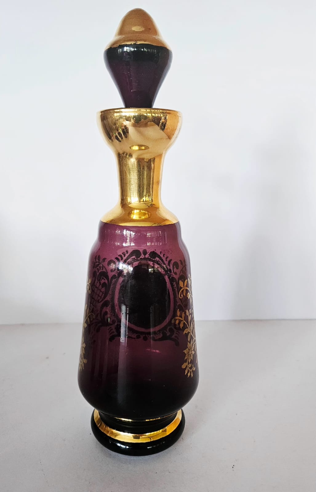 Vintage Venetian Amethyst Glass Liquor Decanter & Glasses, Enamel Flowers c1970s