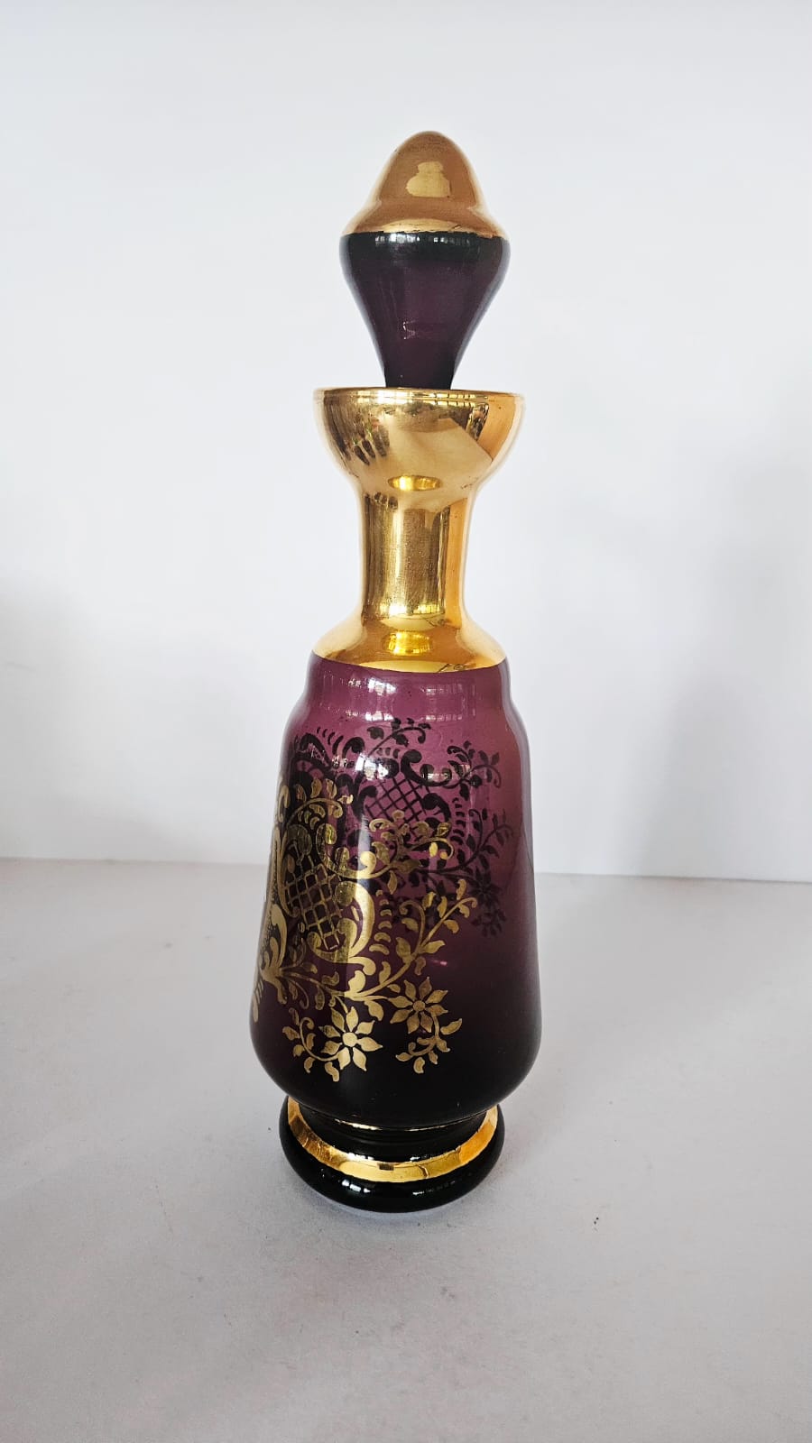 Vintage Venetian Amethyst Glass Liquor Decanter & Glasses, Enamel Flowers c1970s