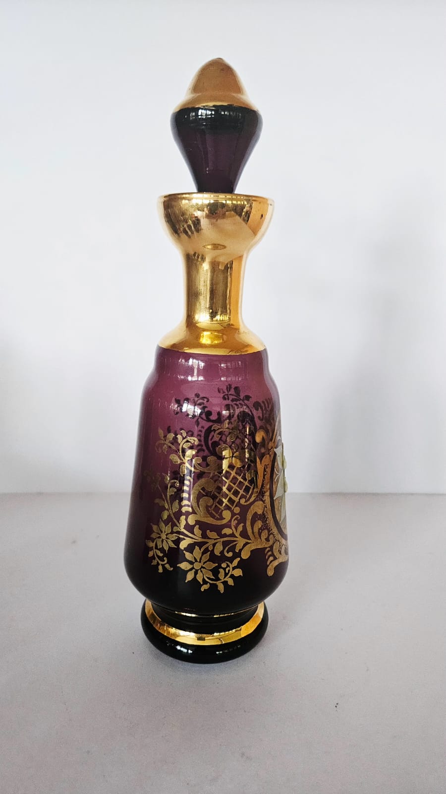 Vintage Venetian Amethyst Glass Liquor Decanter & Glasses, Enamel Flowers c1970s