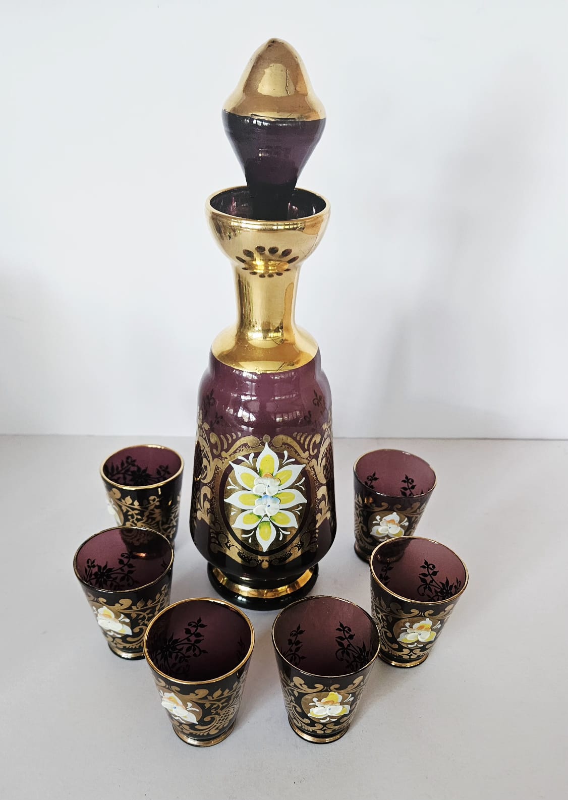Vintage Venetian Amethyst Glass Liquor Decanter & Glasses, Enamel Flowers c1970s