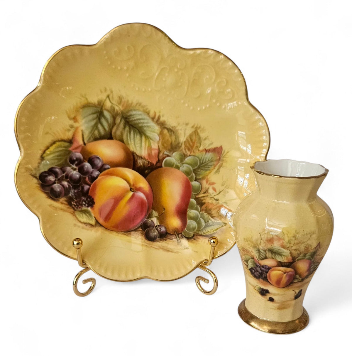 Aynsley "Orchard Gold" scalloped edge bonbon tray and bud vase