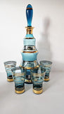Vintage Bohemian Czech Aqua Gold Trim Glass Decanter set w/4 Glasses