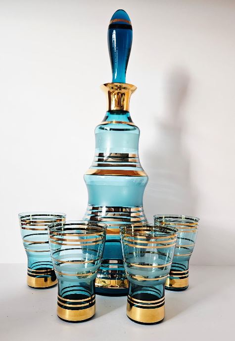 Vintage Bohemian Czech Aqua Gold Trim Glass Decanter set w/4 Glasses
