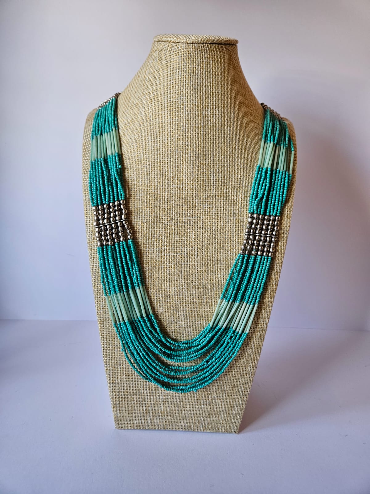 Aqua Green & Silver Tone Vintage Tribal Style Seed Bead Necklace