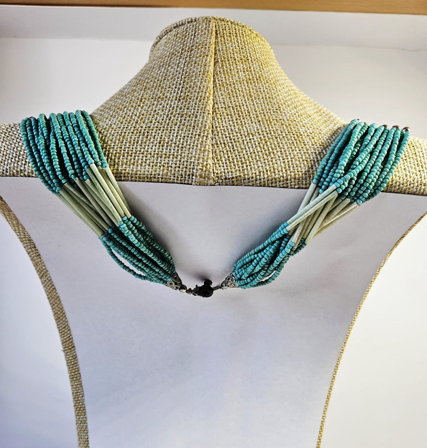 Aqua Green & Silver Tone Vintage Tribal Style Seed Bead Necklace