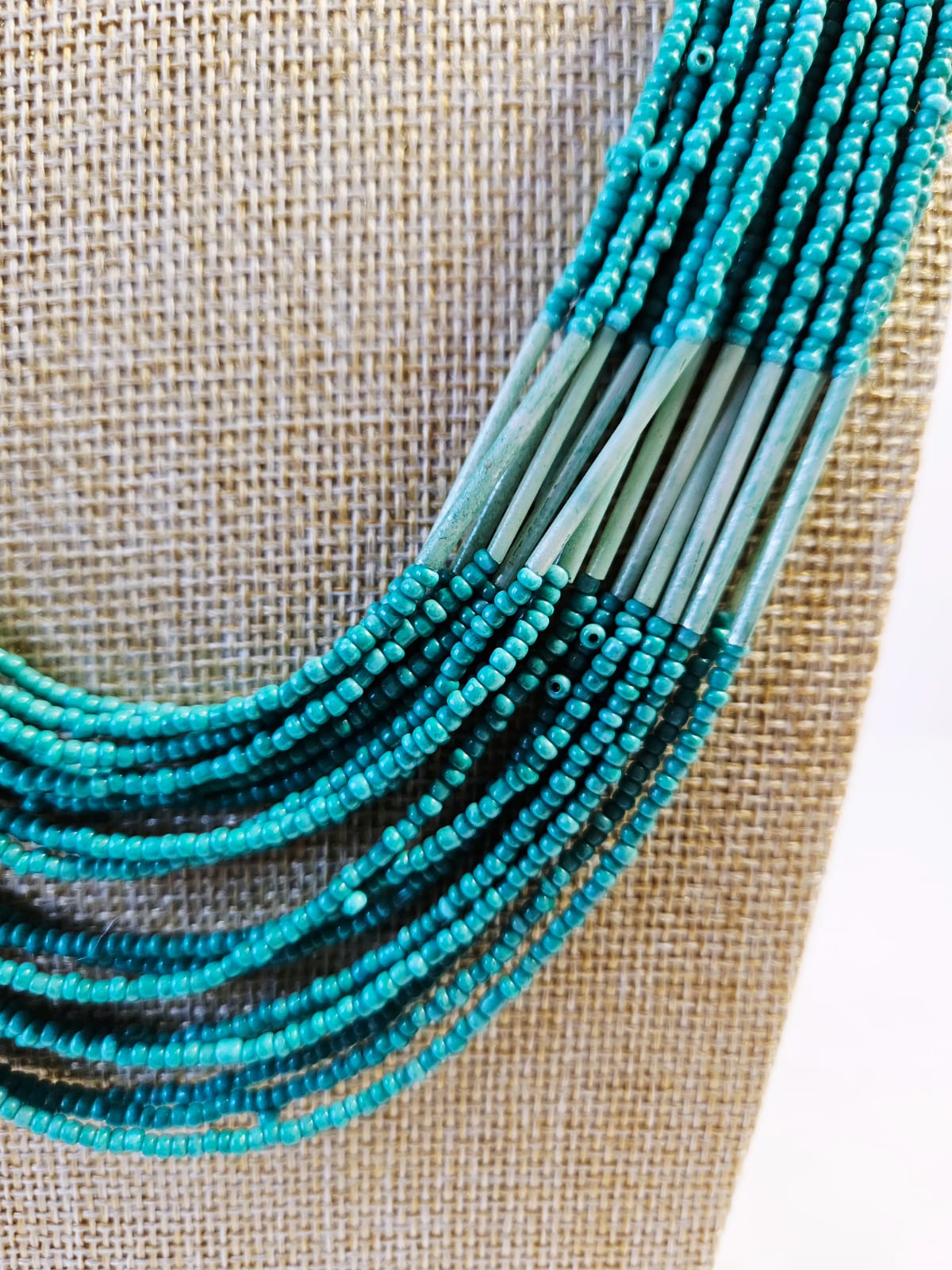 Aqua Green & Silver Tone Vintage Tribal Style Seed Bead Necklace